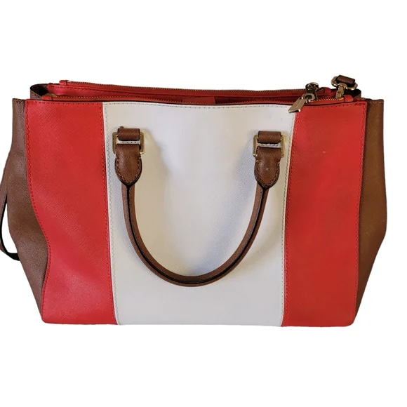SOLD Authentic Michael Kors Sutton Large Red White Tan Leather Satchel - Picture 2 of 8
